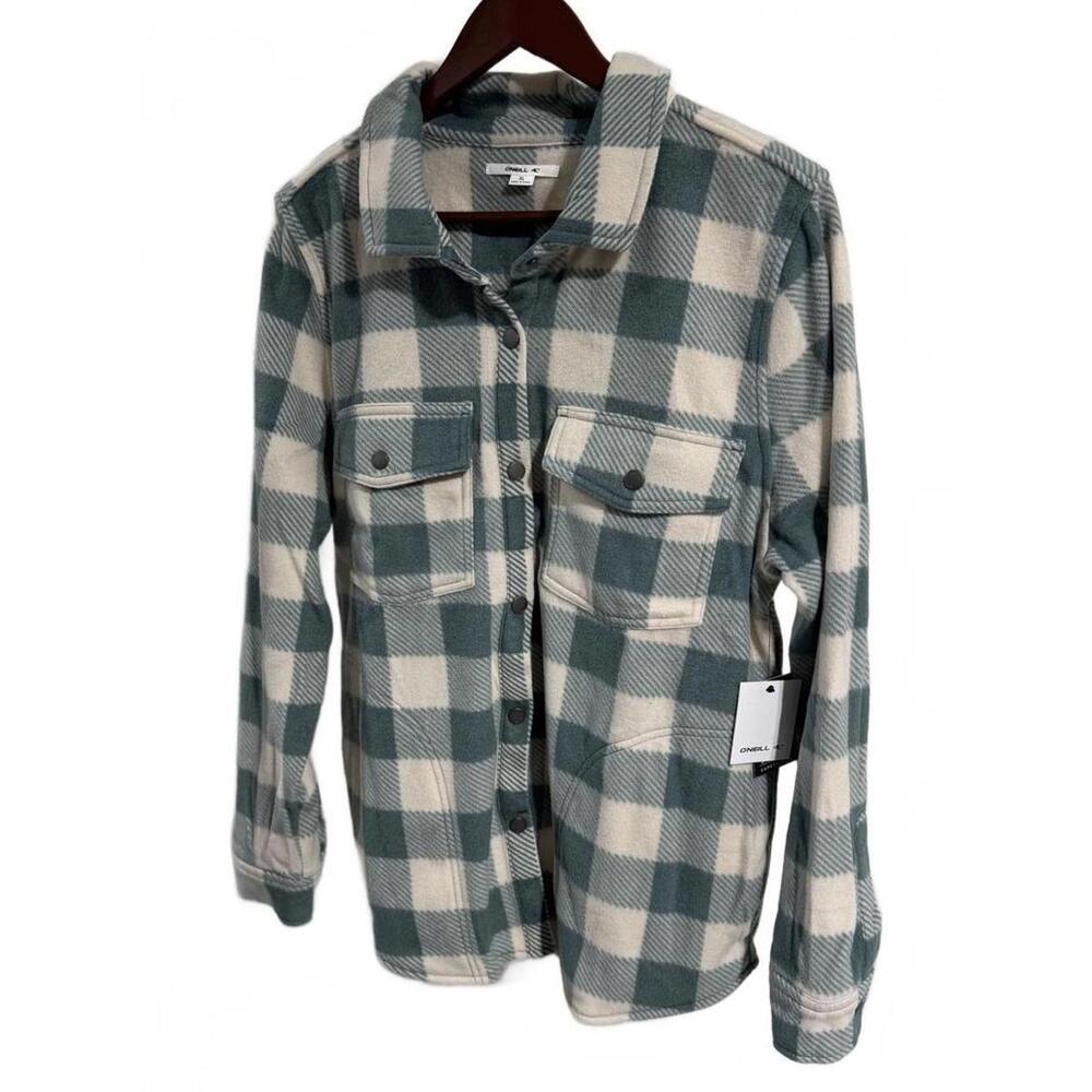 O'Neill Green and White Fleece Plaid Button-Up Shacket